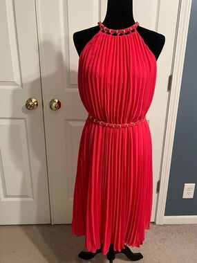 White House Black Market Pleated Halter Midi Dress in Vibrant Pink NWT sz large